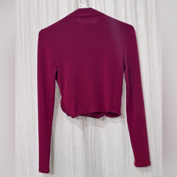 ASTR Burgundy Draped Blouse Asymmetric Pleated Cutout Mock Neck Wrap Blouse (M) - Picture 7 of 11